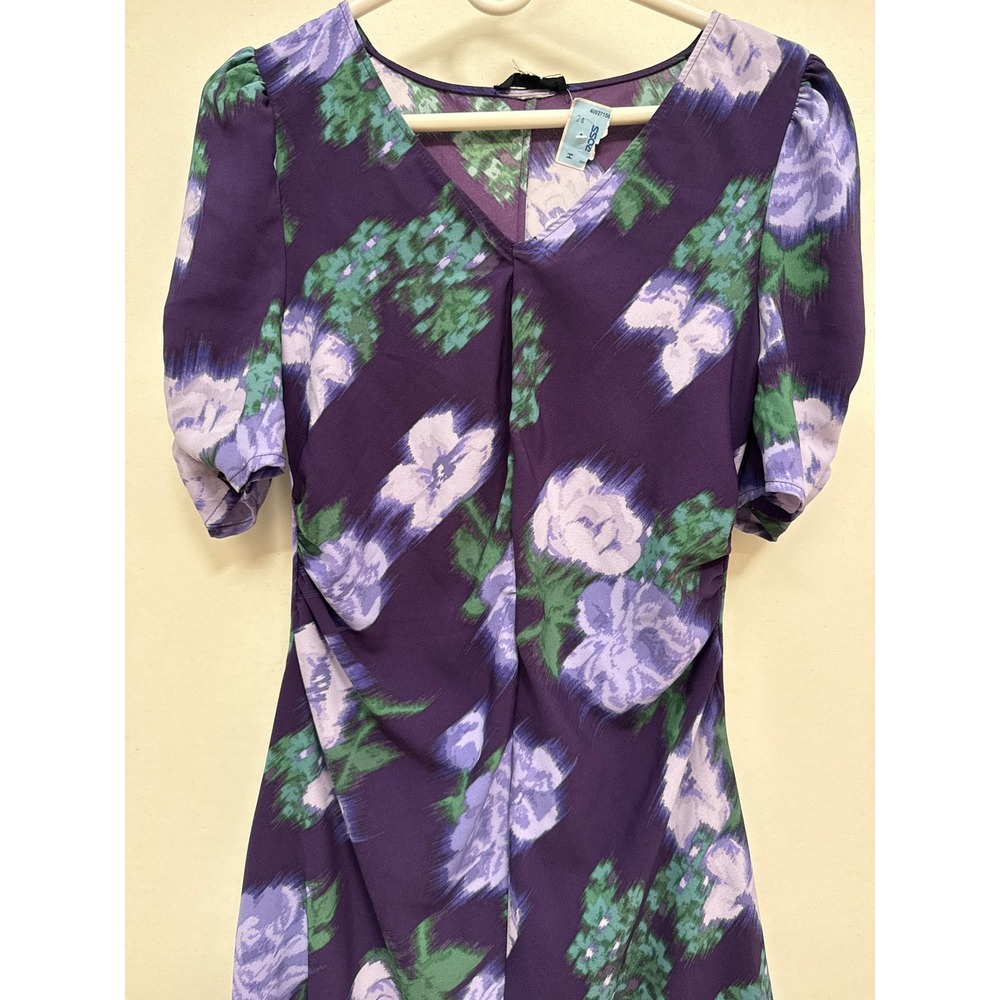Max + Ash Purple Floral V-Neck Puff Sleeve Ruched Midi Dress Womens Small